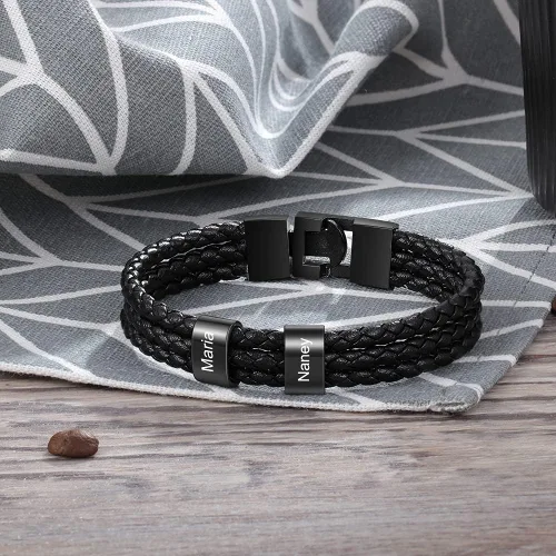 Vista 4 de Pulseras personalizadas con nombre para hombre, pulsera de cuero trenzado personalizada con 1-8 nombres grabados, pulsera con nombre personalizado
