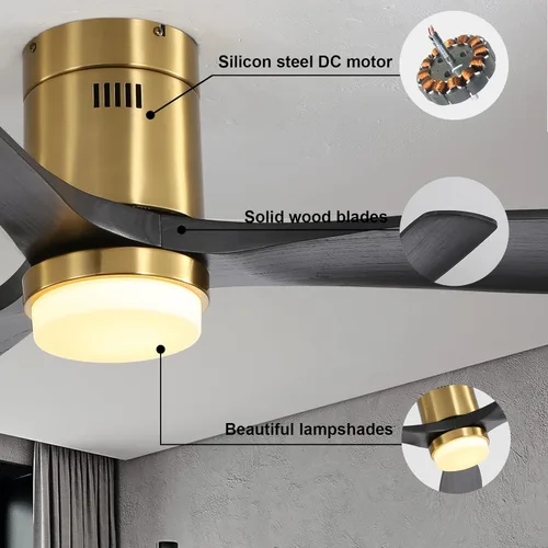 Vista 2 de Sofucor - Ventilador de techo empotrado y de varilla corta de 52 pulgadas con luz, con 3 aspas de madera maciza y control remoto, ventilador