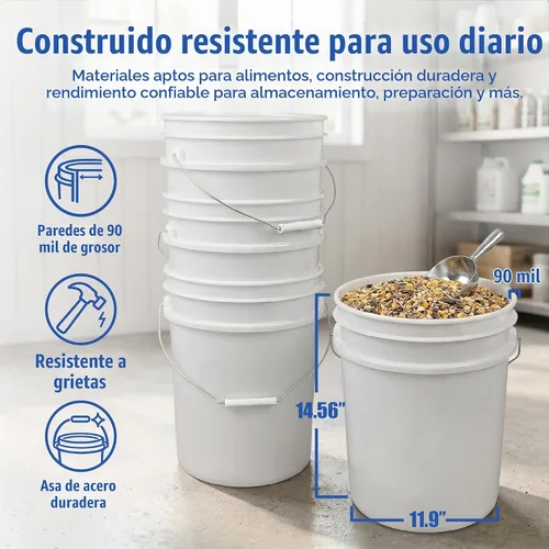 Vista 4 de Paquete de 6 cubetas prémium de 5 galones, HDPE de grado alimenticio sin BPA, color blanco, sin tapa