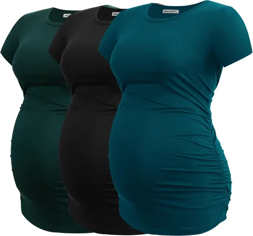 Vista 20 de Smallshow - Camiseta de maternidad para mujer, lados fruncidos, tipo túnica, prendas para el embarazo Verde militar-negro-gris profundo