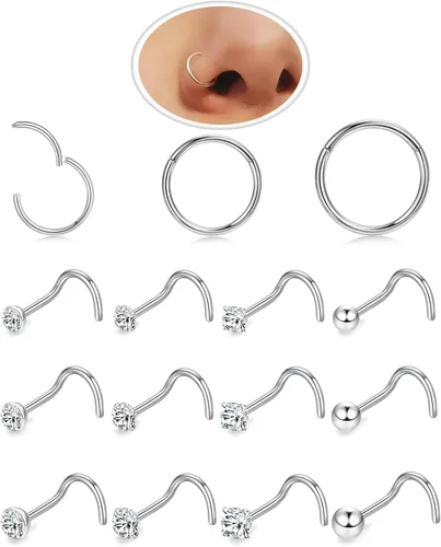 Vista 16 de Nose Rings Hoop and Nose Studs Sets for Women Men,Hypoallergenic 316L Surgical Stainless Steel Hinged Clicker Segment Nose Rings Hoop Helix