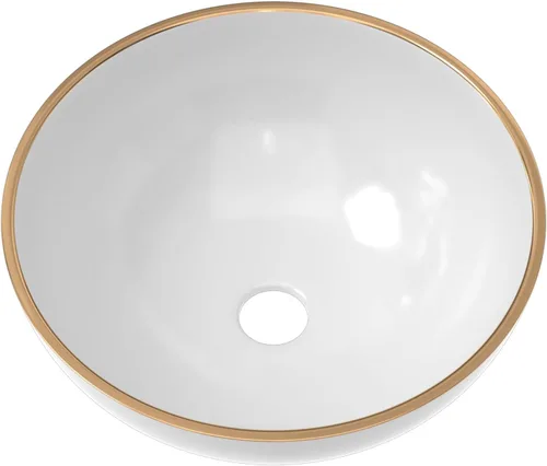 Vista 7 de Fregadero de recipiente blanco redondo - Fulorni 33x33 cm Lavabo de baño de cerámica de porcelana con borde dorado sobre encimera, fregadero