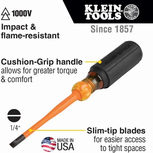 Vista 2 de Klein Tools 6926INS - Destornillador aislante, fabricado en Estados Unidos, punta de perfil delgado de 1000 V, destornillador de gabinete de 1/4