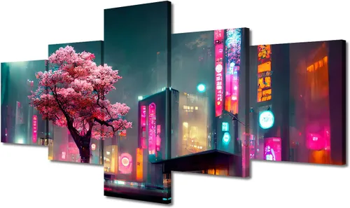 Vista 78 de Póster de 5 paneles en lienzo para decoración de pared, diseño de centro urbano Cyberpunk, impresión moderna, decoración de pared para el hogar