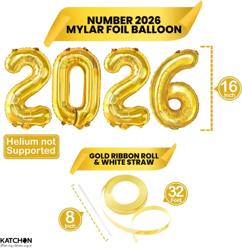 Vista 3 de KatchOn, Globos dorados de feliz año nuevo 2026 – 16 pulgadas Globo de feliz año nuevo y globos dorados del número 2026 para decoraciones de Año