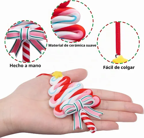 Vista 3 de Codree 8 piezas Adornos de piruleta de Navidad - Adornos de caramelo de Navidad de arcilla polimérica - Adornos navideños de bastón de caramelo B-8