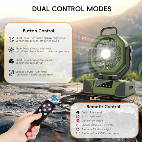 Vista 7 de Ventilador de camping portátil de 20000mAh, ventilador recargable alimentado por batería con control remoto y oscilación, pantalla LED, luz