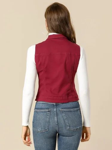 Vista 4 de Allegra K Chaleco de mezclilla lavado con botones para mujer, con bolsillos con solapa en el pecho