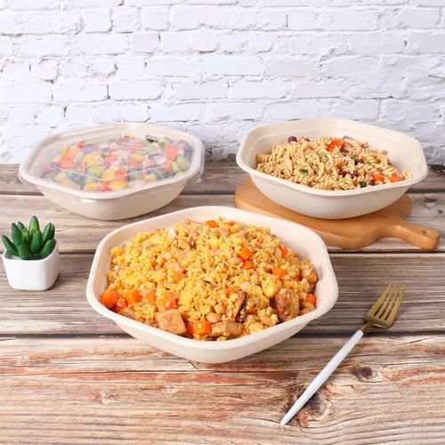 Vista 4 de Ensaladeras desechables de 37 onzas con tapas, contenedor de fibra vegetal, paquete de 20