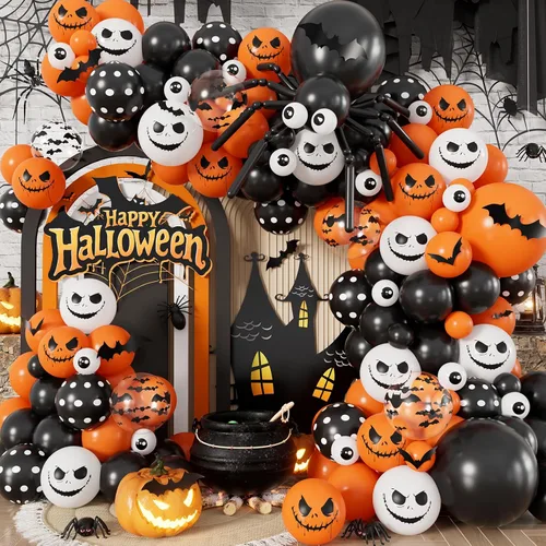 Vista 16 de Kit de arco de guirnalda de globos de Halloween, 116 globos naranjas, negros y blancos Negro + naranja