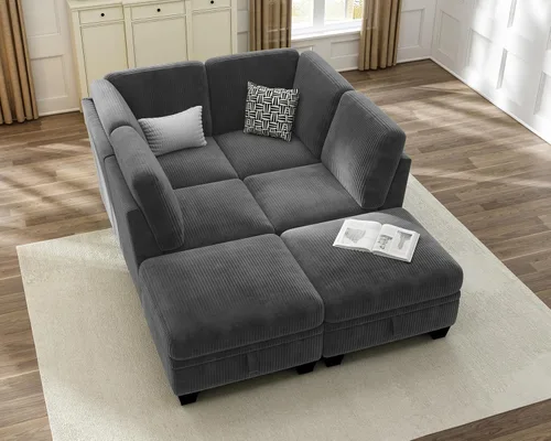 Vista 12 de CHIC HOUSE Sofá modular modular con otomanas de almacenamiento, sofá de pana para espacios pequeños y apartamentos, sofá esquinero convertible