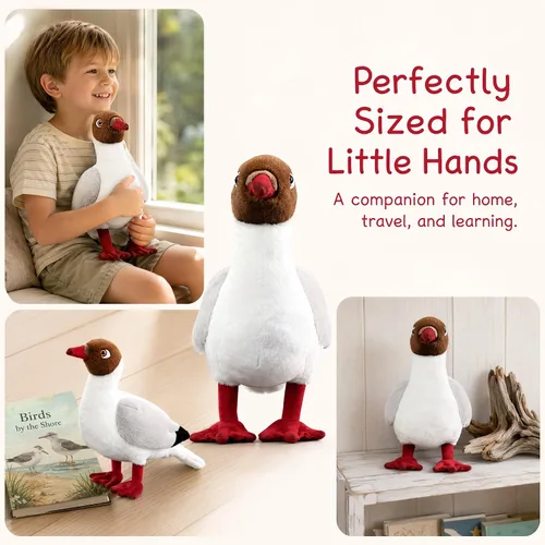 Vista 2 de Brown-headed Gull Plush Stuffed Toy, Realistic Bird Gift for Kids, 9.5in