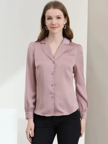 Vista 2 de Allegra K Blusa de satén con botones de manga larga para mujer, elegante cuello
