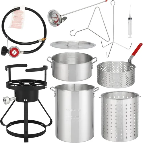 Vista 10 de Freidora – Kit de olla de aluminio de 30 cuartos de galón de mariscos y freidora de pavo con termómetro, cesta, propano para cangrejo, langosta