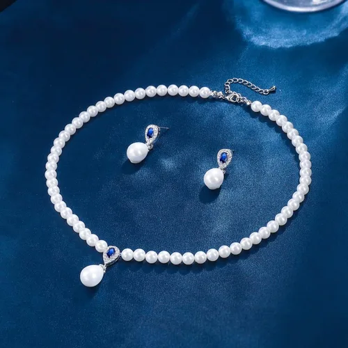 Vista 5 de Juego de collar y aretes de perlas redondas de circonita cúbica para mujer