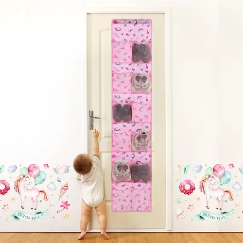 Vista 8 de Windyun Organizador de zapatos para niños sobre la puerta, 24 bolsillos, organizador de botellas de agua de unicornio para bebé, estante colgante
