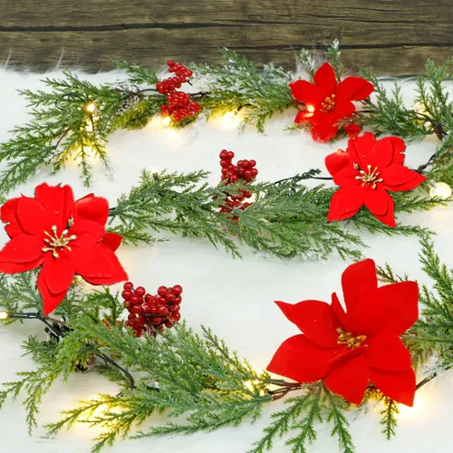 Vista 5 de DR.DUDU Guirnalda de Navidad artificial preiluminada de 6 pies con 20 luces LED, funciona con pilas con piñas, bayas rojas, agujas de pino, corona
