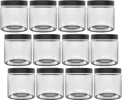 Vista 2 de Tarros de plástico vacíos de boca ancha transparentes de 14 onzas (14.2 fl oz, 12 unidades) con tapas y etiquetas negras mate, recipientes redondos