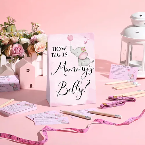 Vista 17 de Sabary 64 Piezas Juegos de Baby Shower Incluyen Letrero How Big is Mommy's Belly Sign Measure Bump Game 50 Tarjetas 10 Lápices 3 Cintas Métricas