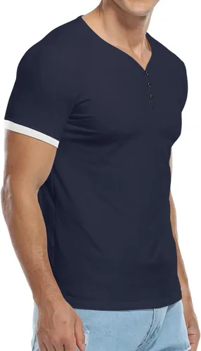Vista 2 de KUYIGO Henleys - Camiseta de manga corta para hombre, con botones, lisa, de verano, de algodón