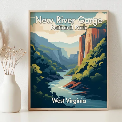 Vista 3 de New River Gorge National Park, West Virginia -11x14 Framed Poster: Cliffside Tranquility, Graceful Trees, Mountain Peaks, and Cloud-Embraced Blue