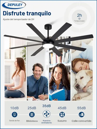 Vista 6 de Depuley Ventiladores de techo de 66" con luces: Ventilador de techo negro para interior/exterior para patios, sala de estar - 8 aspas Ventiladores