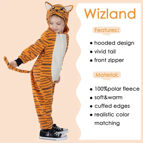 Vista 12 de Wizland Disfraz de animal para niños, leopardo, vaca, mono, reno, gato negro, dálmata, muñeco de nieve, mono de Papá Noel