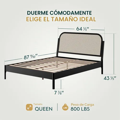 Vista 2 de Bme Aurelia - Marco de cama con cabecero tamaño Queen, madera de acacia sólida, estilo bohemio y moderno de mediados de siglo, cabecero de ratán