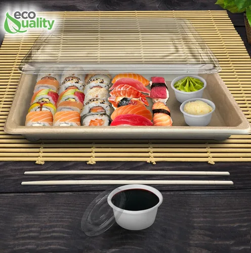 Vista 8 de EcoQuality Bandejas de sushi compostables extragrandes con tapas, contenedor de sushi natural de caña de azúcar, biodegradable, plato de sushi