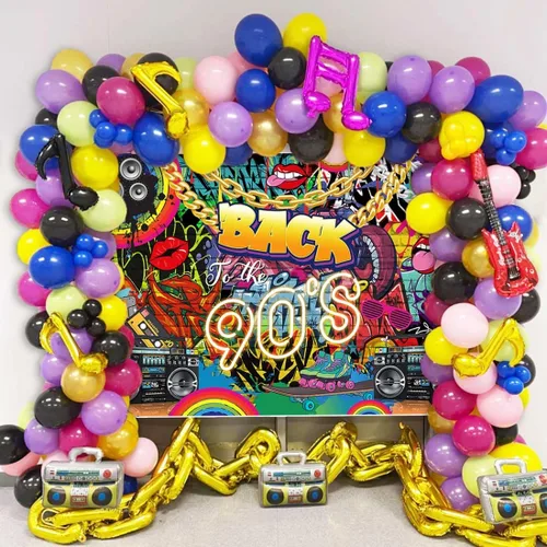 Vista 2 de Sensfun Decoraciones de fiesta de los años 90, pancarta de regreso a los 90, telón de fondo de los años 90, fondo de pared de ladrillo de graffiti