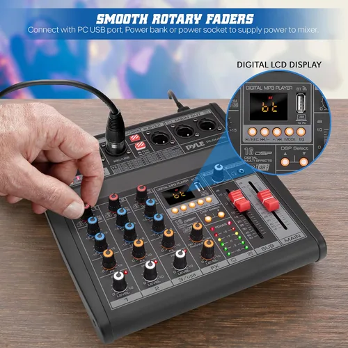 Vista 4 de Pyle Mezclador profesional de audio DJ - Controlador de 3 canales con 16 efectos DSP preestablecidos - Interfaz USB - 3 entradas de micrófono/línea