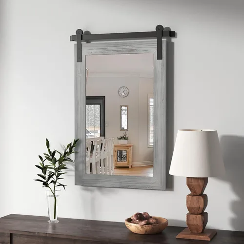 Vista 53 de COGOOD Espejo de puerta de granero de granja, 25 x 18 pulgadas, espejo decrativo con marco de madera rústica para baño, sala de estar, decoración