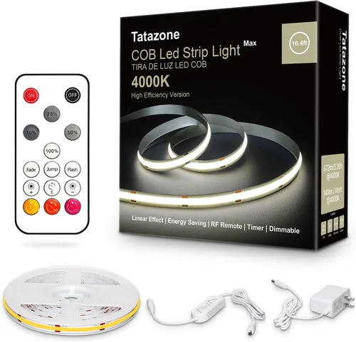 Vista 10 de Tatazone Tira de luces LED COB blancas Max con control remoto RF, 16.4 pies 2700K CRI93+ regulable, tira de luz COB blanca cálida ultra brillante