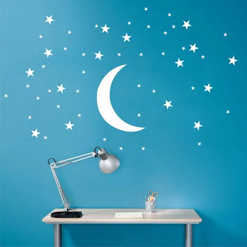 Vista 4 de 50 calcomanías de pared de estrellas y luna para habitación de los niños, calcomanías creativas de pared de estrellas blancas para bebé, decoración