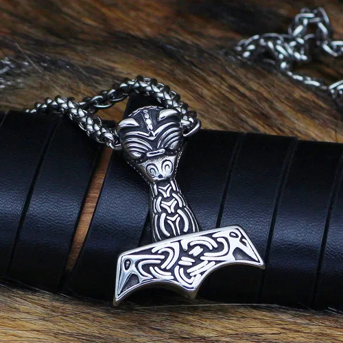 Vista 3 de Collar de Mjolnir de Thor para hombre, regalo vikingo de cuervo para hombre, joyería nórdica Odin con bolsa de regalo Valknut, Acero inoxidable, No