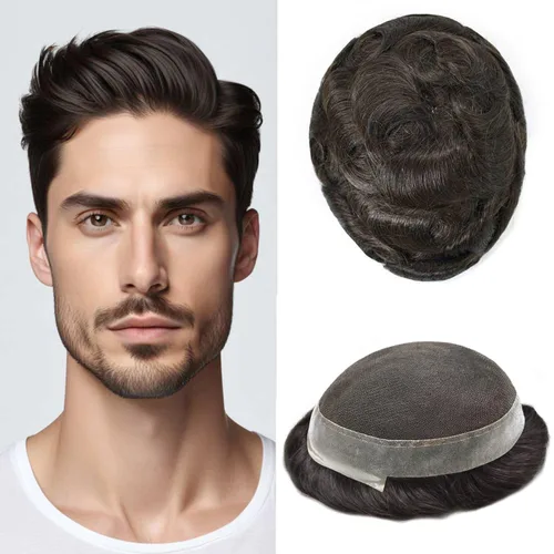 Vista 27 de Tupé de cabello humano virgen europeo para hombres, base central de encaje suave con poliuretano transparente alrededor de transpirable, sistema