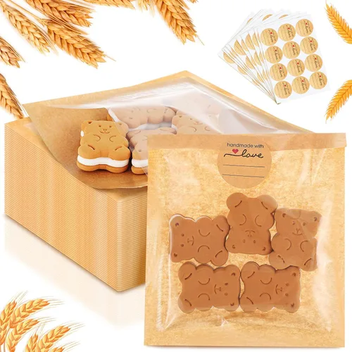 Vista 14 de Outus 100 bolsas de empaque para galletas con sello, bolsas de panadería de 3 x 3 pulgadas con ventana, papel resistente a la grasa termosellable