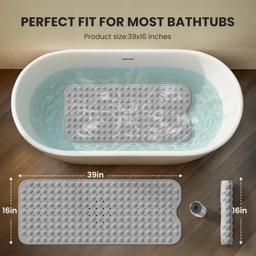 Vista 3 de Alfombrilla antideslizante para bañera, extra grande de 39x16 pulgadas con agujeros de drenaje y ventosas, lavable a máquina, color negro