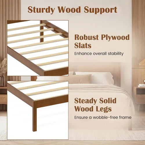 Vista 5 de KOMFOTT Twin Size Bed Frame, Farmhouse Wooden Platform Bed with Headboard Walnut