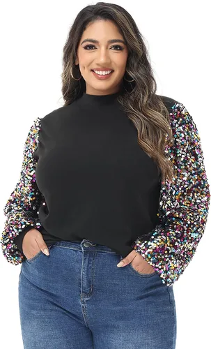 Vista 3 de Anna-Kaci Sudadera de lentejuelas brillantes para mujer, talla grande, cuello alto falso, manga larga, purpurina para fiesta