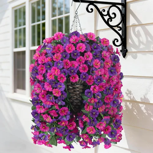 Vista 19 de Flores colgantes artificiales falsas con cesta para decoración al aire libre, resistentes a los rayos UV, flores de margaritas de seda sintética