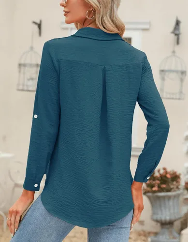 Vista 56 de Odosalii - Camisas con botones para mujer, con cuello en V, manga larga, enrolladas, blusas elegantes y formales para negocios y ocasiones casuales