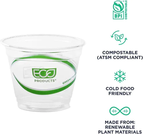 Vista 4 de ECO PRODUCTS GreenStripe - Vasos fríos transparentes de 9 onzas, vasos desechables de ácido poliláctico (PLA) a base de plantas para agua, jugo