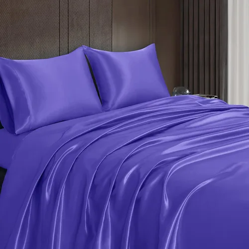 Vista 20 de Juego de sábanas de satén de 4 piezas con bolsillo profundo de 18 pulgadas, juego de ropa de cama de satén sedoso marrón camello de lujo con 1