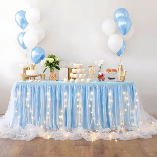 Vista 5 de Leegleri Falda de mesa de tul azul bebé con tutú y LED para baby shower, bodas, fiestas de cumpleaños - 15 pies para mesas rectangulares o redondas