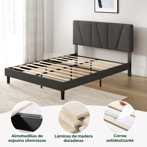 Vista 5 de Zinus Maya Upholstered Bed Frame with Asymmetric Headboard, Dark Grey, Full Listones de madera duraderos, marco resistente, sueño sin ruido, no Gris