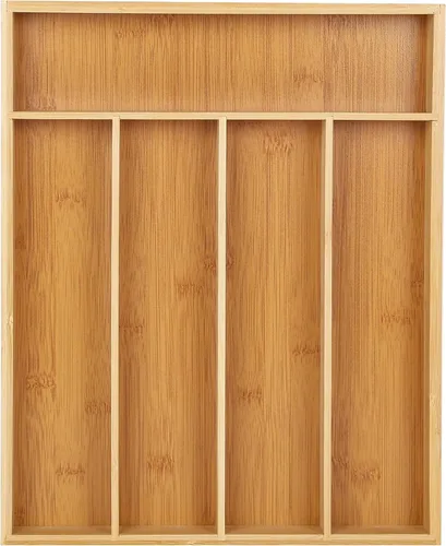 Vista 9 de Organizador de cajones de bambú, bandeja expandible para cubiertos, soporte ajustable para utensilios de 5 a 7 compartimentos, organizador de Madera