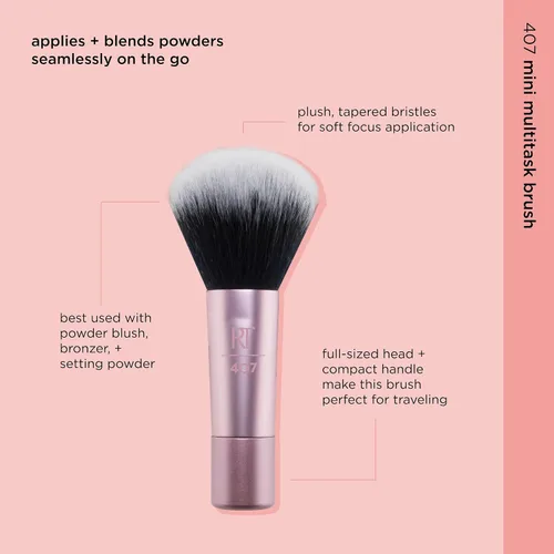 Vista 3 de Real Techniques Mini brocha de maquillaje multitarea, para rubor, bronceador y polvo, cepillo facial con cerdas sintéticas cortadas a medida