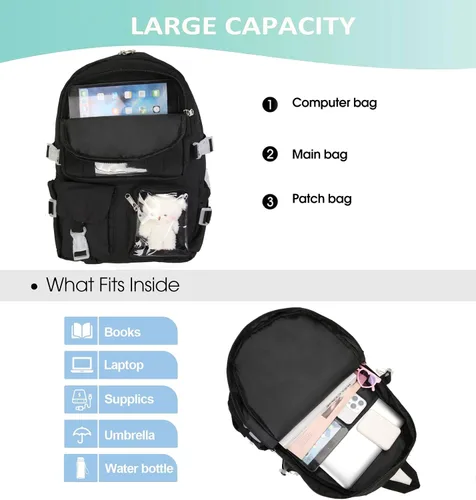 Vista 4 de Mochila Kawaii para niñas adolescentes, bonita mochila estética para escuela secundaria y universidad con accesorios, Negro oscuro, Mediana