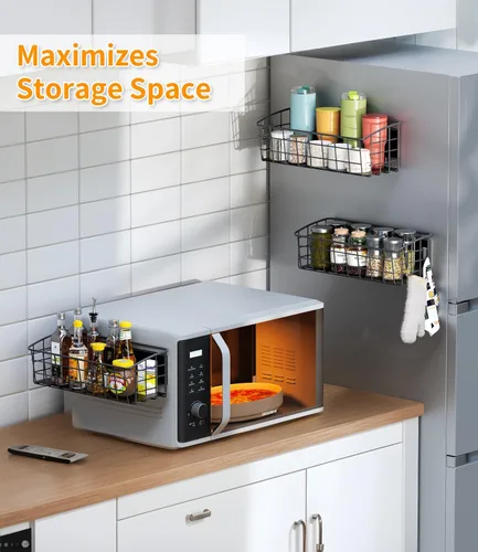 Vista 3 de Estante magnético para refrigerador, paquete de 1, estante magnético fuerte para especias con gancho extraíble para almacenamiento de cocina